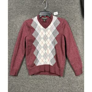 Banana Republic Extra Fine Merino Wool Argyle Sweater Mens Sz M Burgundy V-Neck